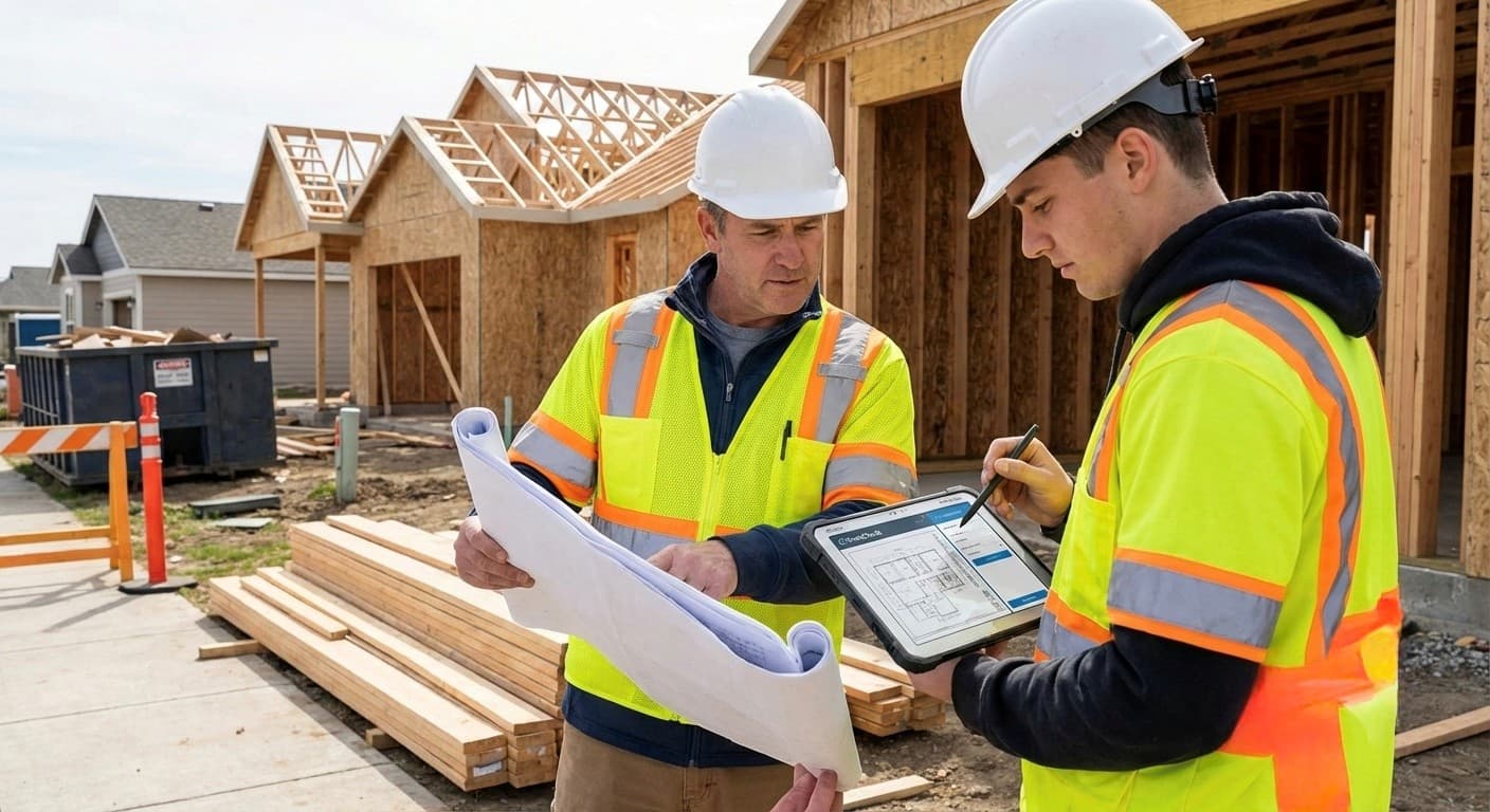 Construction team reviewing plans on site with a tablet